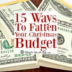 Money and Christmas? Will you have enough to cover the holidays? These 15 strategies can put some serious extra money and fatten up your wallet! Visit our 100 Days of Debt Free DIY Holiday Ideas for more recipes, decorating ideas, crafts, homemade gift ideas holiday budget tips and much more!