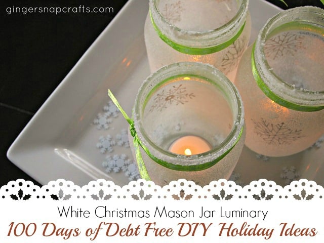 Mason jars, salt, tea lights and ribbon and you have a stunning luminary project for the holidays. These will brighten up any Christmas! Visit our 100 Days of Debt Free DIY Holiday Ideas for more recipes, decorating ideas, crafts, homemade gift ideas holiday budget tips and much more!